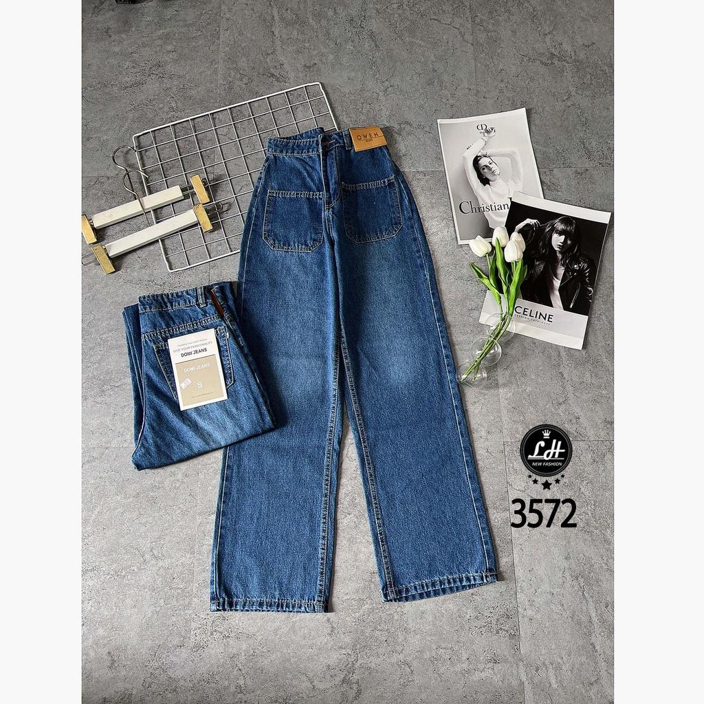 Quần jean nữ ống rộng, quần bò màu xanh túi đấp vuông lưng có tag dễ thương cho nàng Lê Huy Fashion MS 3572