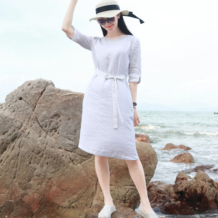 Đầm suông tay lỡ linen trẻ trung kèm đai dời - Trắng