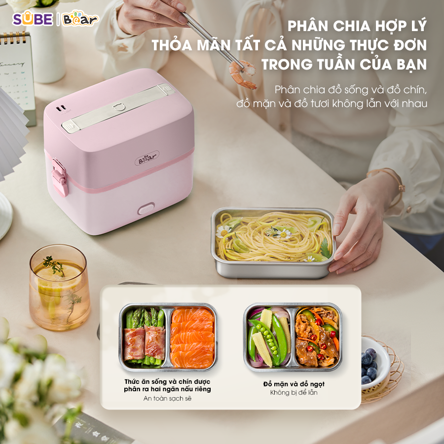 Hộp Cơm Cắm Điện Bear 2 Tầng 3 Ngăn Hâm Nóng Cực Nhanh Inox 304 An Toàn Giữ Nhiệt Chống Trào 1,2L SB-HC12L - Hàng Chính Hãng
