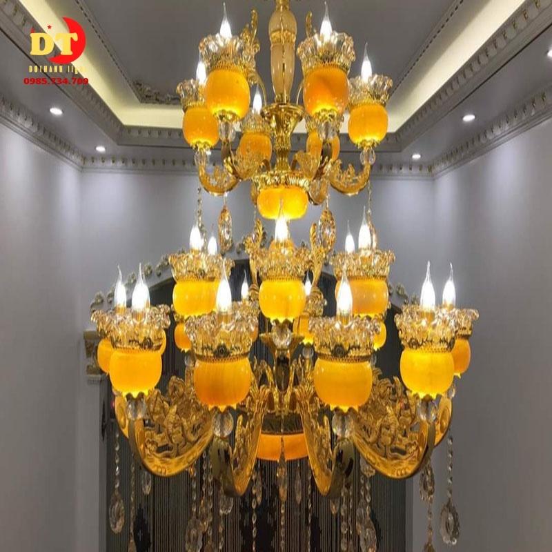Đèn chùm phòng khách DOTHANH LIGHT 18 tay đá phong cách tân cổ điển 2 tầng DCN
