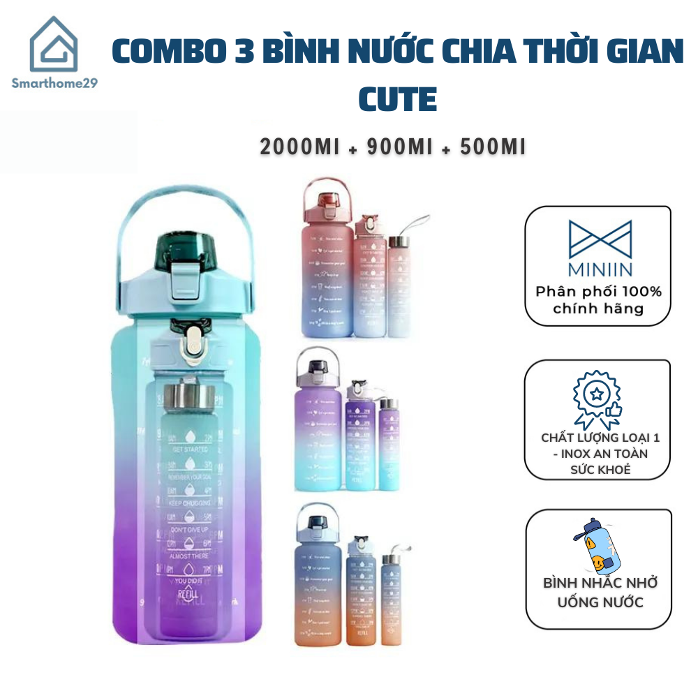 COMBO 3 Bình Nước Chia Vạch Nhắc Uống Nước Cute Sức Chứa Lớn Thể Thao - Chai Nước Bình Nam Nữ Dễ Thương Cốc Uống Nước Dễ Thương 2000Ml + 900Ml + 500Ml - HÀNG CHÍNH HÃNG MINIIN