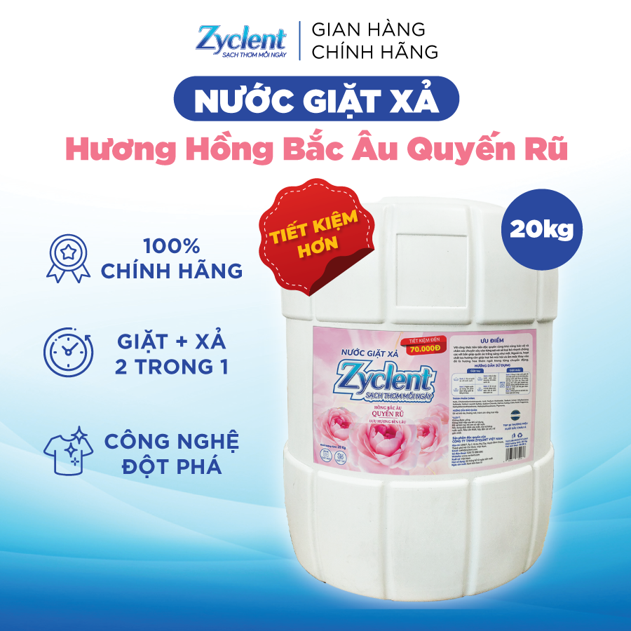 Nước Giặt Xả Zyclent Extra Hương Hồng Bắc Âu quyến rũ 20KG - SIÊU TIẾT KIỆM