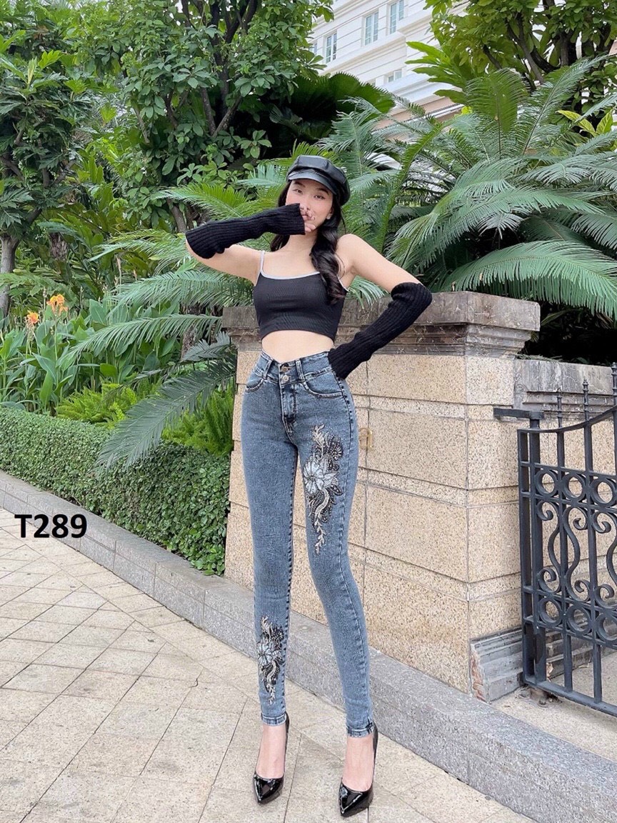 Quần Jeans Nữ Lưng Cao 2 Nút Thêu Hoa Co Giãn Tôn Dáng