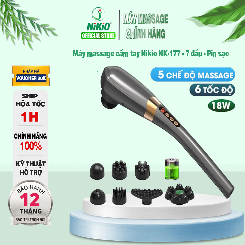 Máy Massage Cầm Tay Nikio NK-177 - Không Dây Pin Sạc, 7 Đầu Mát Xa Độc Đáo, 5 Chế Độ, 6 Tốc Độ Matxa, Hỗ Trợ Giảm Đau Cơ, Cứng Khớp, Thư Giãn Toàn Thân - Tay Cầm Dài Dễ Thao Tác