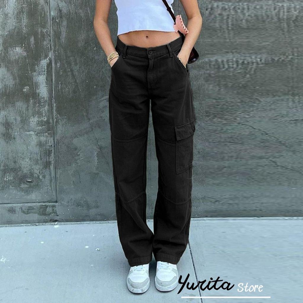 Quần Jean Túi Hộp Ống Rộng 2 Túi Yurita Quần Jeans Ống Đứng Dáng Suông Nữ Cạp Cao Quần Kaki Lưng Cao