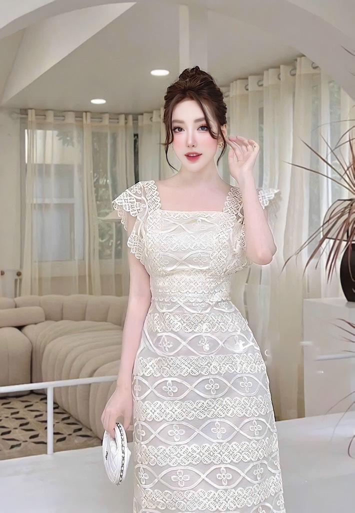 Đầm midi ren tay cánh tiên dáng dài