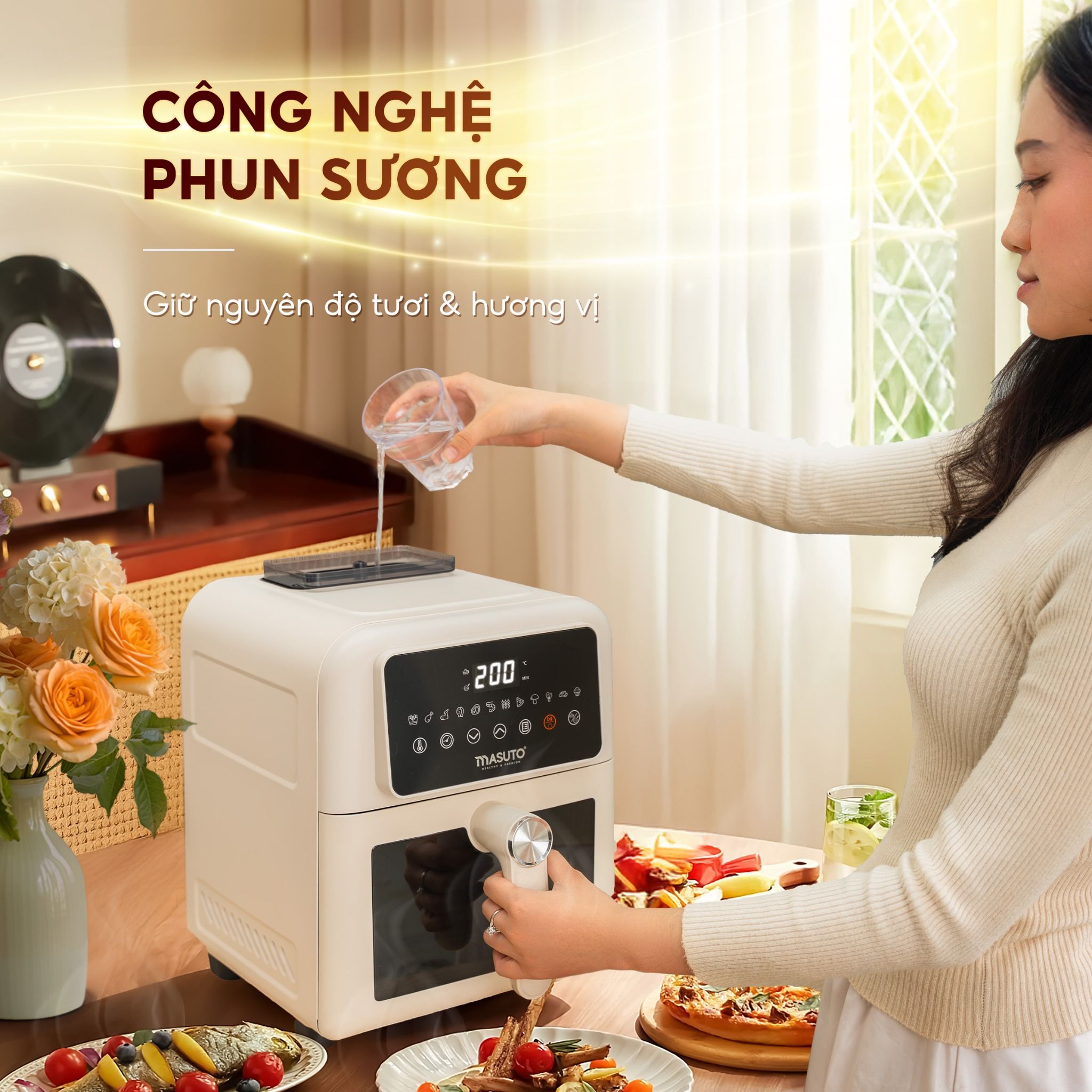 Nồi chiên không dầu phun sương Masuto MSKing 6L - 2 tầng đốt không cần trở lật - Hàng chính hãng