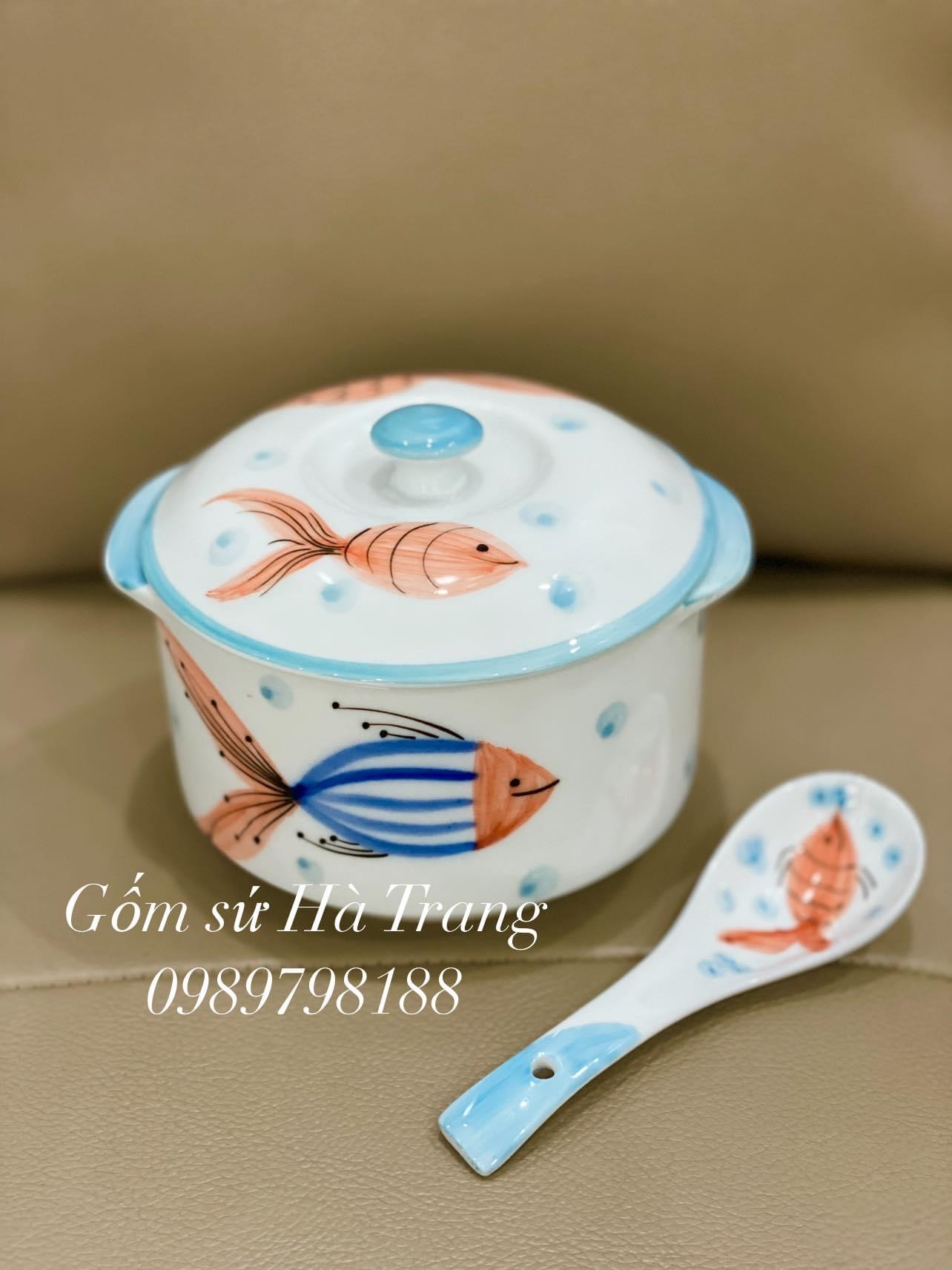 Thố chưng yến dung tích 600ml gốm sứ Bát Tràng cao cấp vẽ hoạ tiết cá kèm thìa