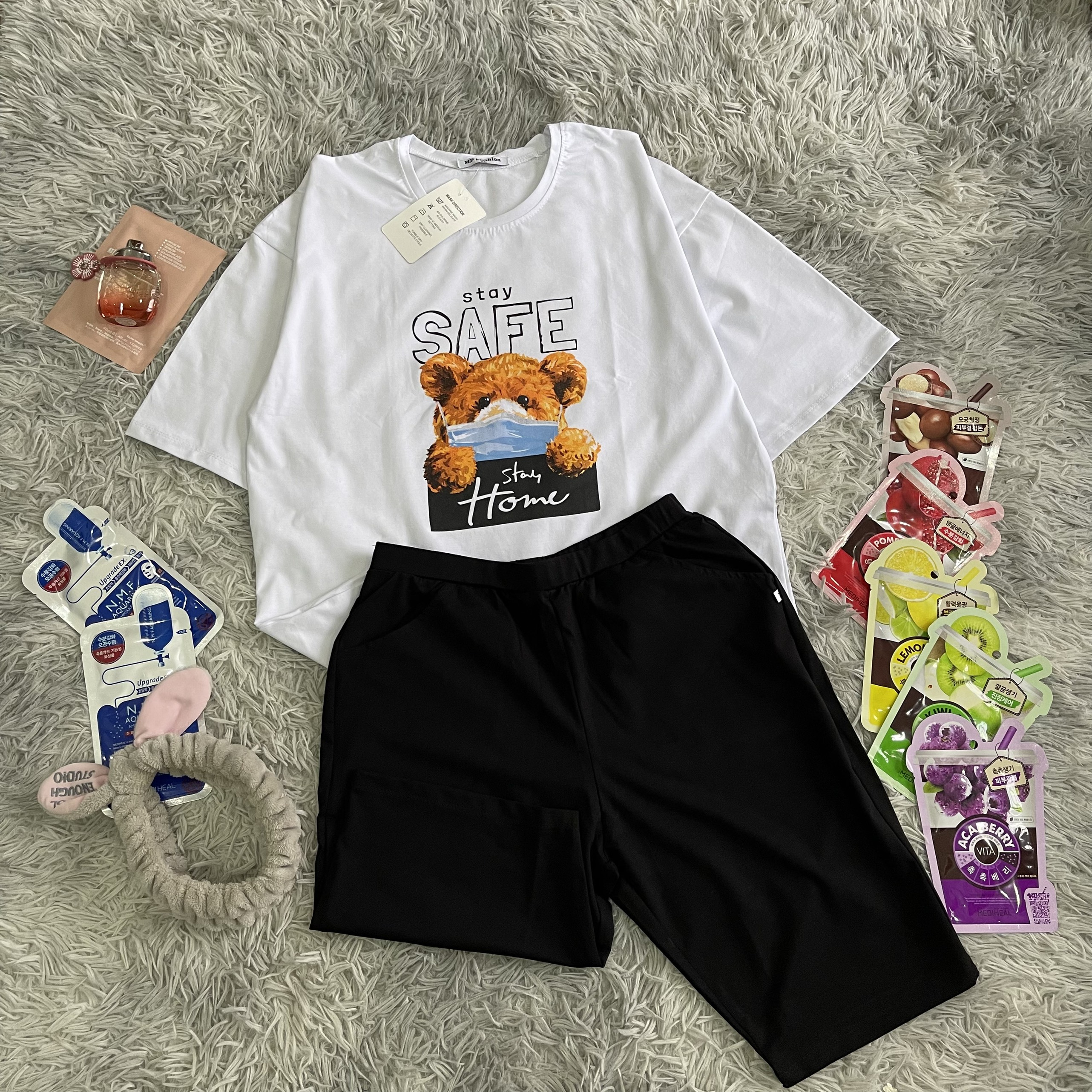 Bộ đồ nữ áo form rộng in hình gấu, quần đùi ngố thun cotton loại 1, set bộ lửng mặc nhà, đi chơi dễ thương, cá tính