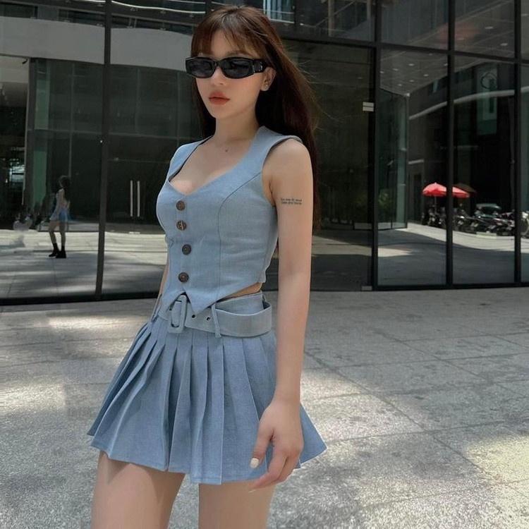 ĐẦM SET ÁO CROPTOP GILE DENIM JEANS + CHÂN VÁY NGẮN XẾP LY XÒE ĐI TIỆC ĐI CHƠI DẠO PHỐ ĐI BIỂN