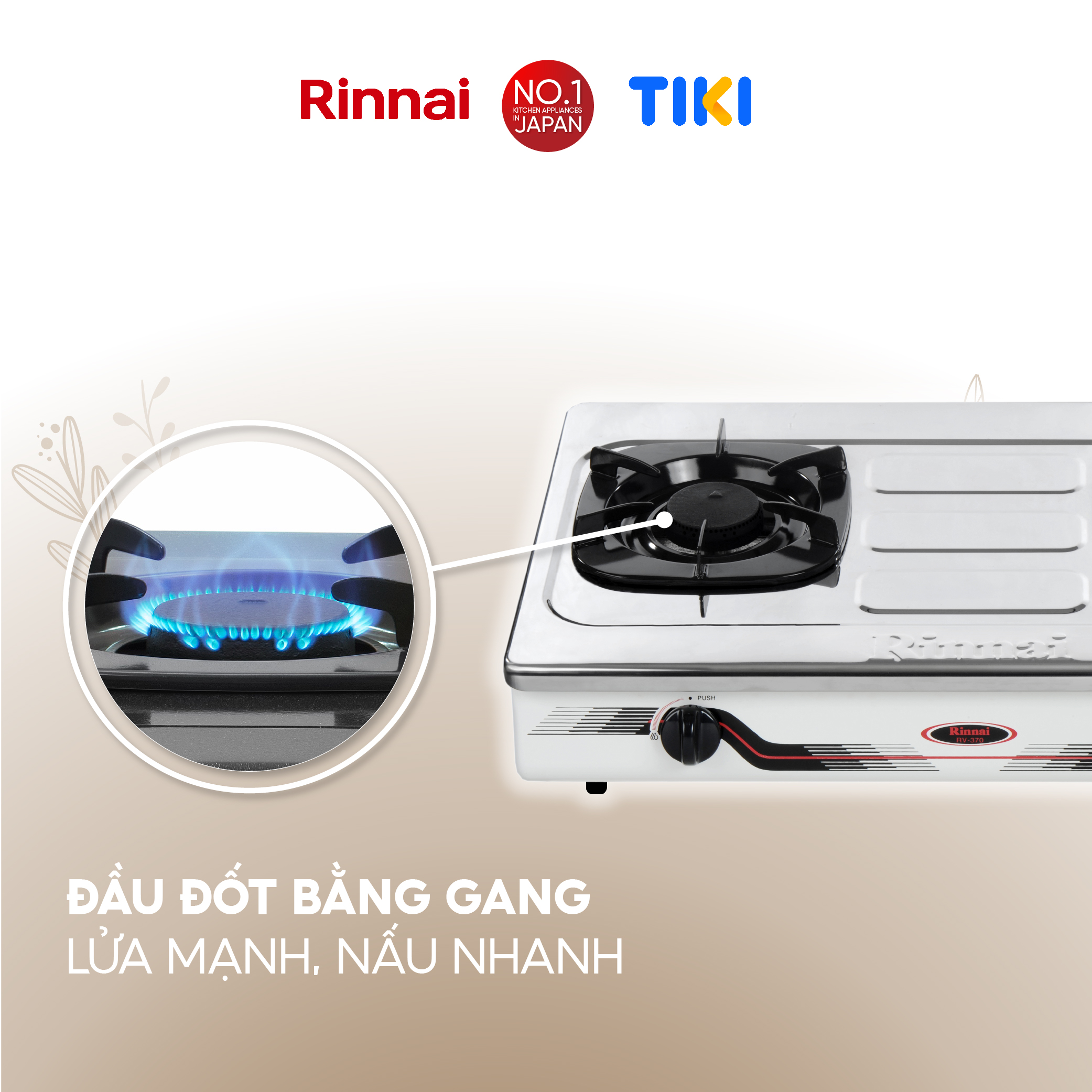 Bếp gas dương Rinnai RV-370(SM)N mặt bếp inox và kiềng bếp men - Hàng chính hãng