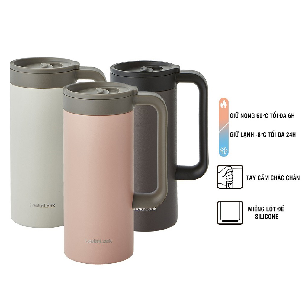 Ly Giữ Nhiệt Lock&Lock Có Tay Cầm Table Mug LHC4247 - Hàng Chính Hãng, Đóng Mở Nắp Bằng Một Tay - Tặng Kèm Cọ Rửa Ống Hút