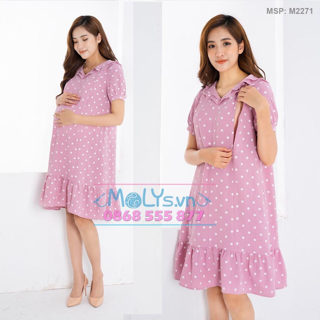 Đầm bầu công sở kết hợp cho con bú sau sinh sau sinh M2270 dáng suông đuôi cá chấm bi bất hủ mặc 3IN1, 7 NGÀY ĐỔI TRẢ