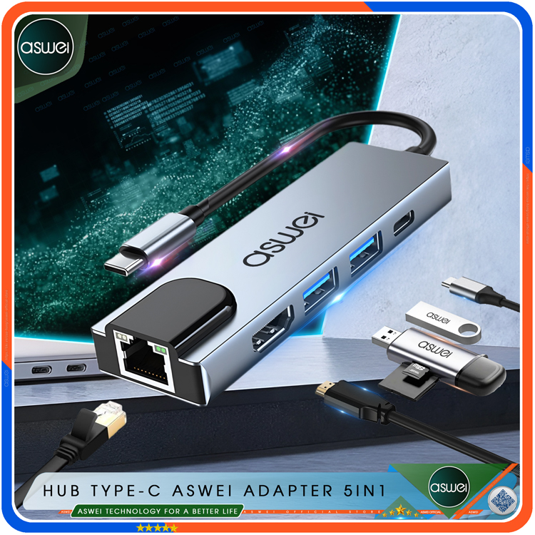 Hub Chuyển Đổi USB Type C ASWEI 5 in 1 To HDMI, USB 3.0, Lan, PD 100W - Hàng Chính Hãng