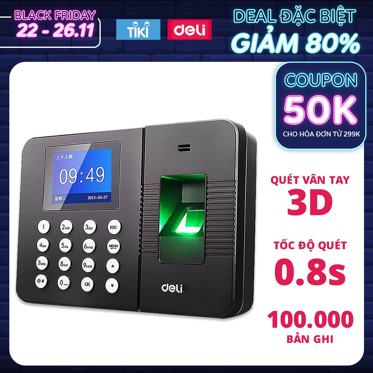 Máy chấm công quét vân tay Deli – màu đen - E3960