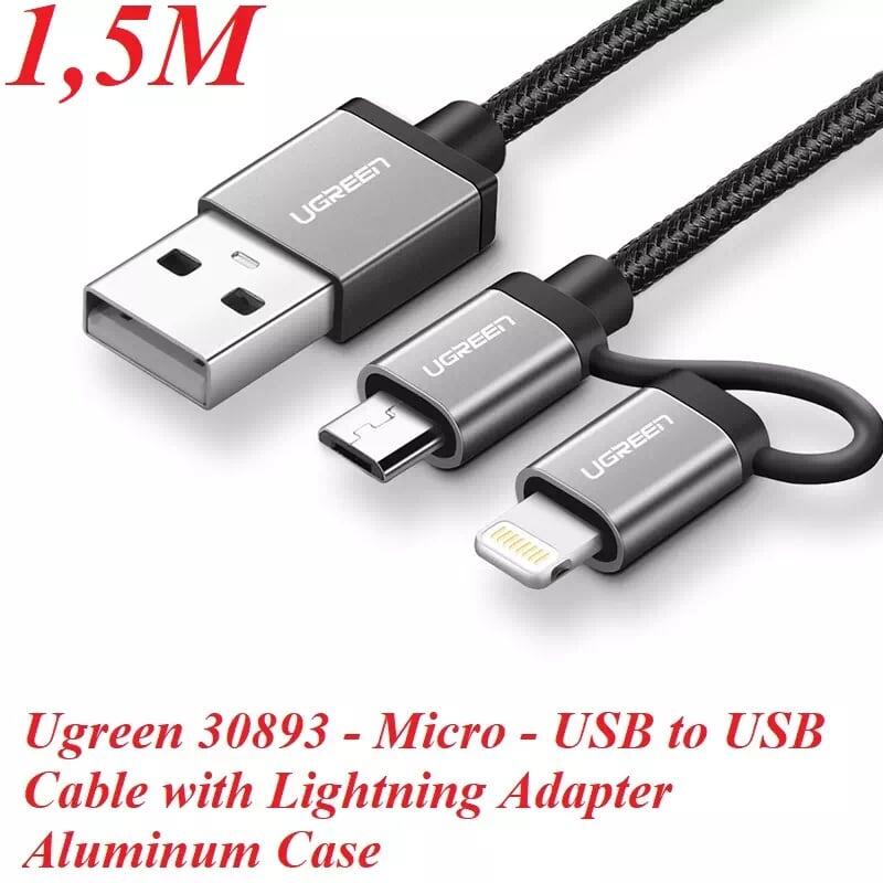 Ugreen UG30893US165TK 1.5M màu Đen Cáp sạc đa năng USB sang MicroUSB + Lightning - HÀNG CHÍNH HÃNG