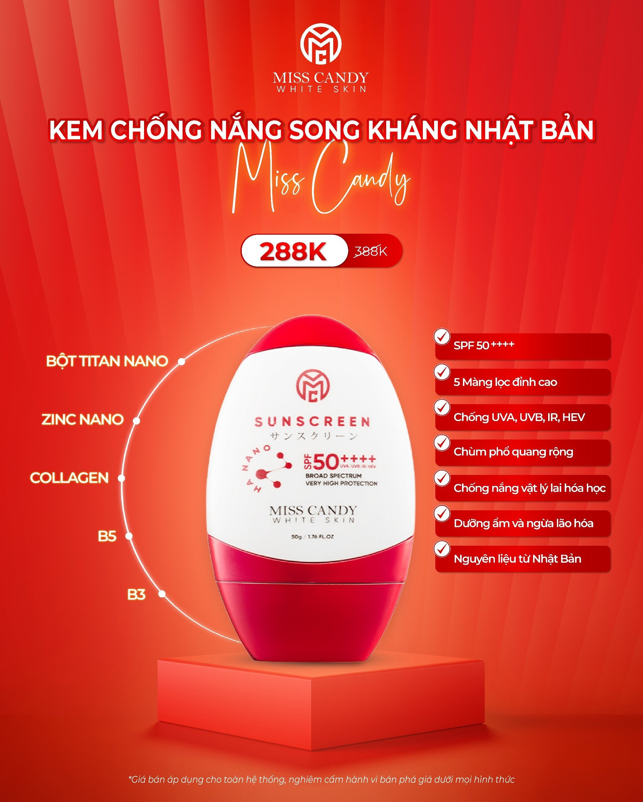 Bộ 5 Sản Phẩm Trắng Da Mờ Thâm, Sạm, Nám, Tàn Nhang MISS CANDY Gồm: Serum HA Peptide 30ml + Kem Nám Sâm Nhung Hoàng Kim 25g + Kem Dưỡng Trắng Da Face Nano 30g + Kem Chống Nắng Dưỡng Trắng Da 50g + Nước Hoa Hồng Tái Sinh Làn Da 120ml