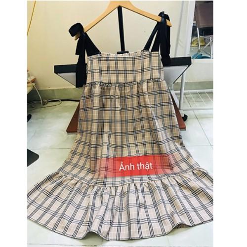 Đầm caro bản to 2 dây cột nơ siêu xinh - DS231