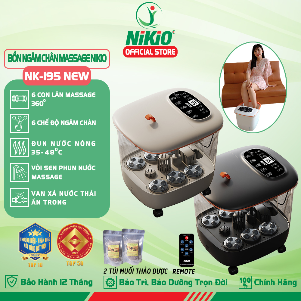 Bồn  Ngâm Massage Chân Nikio NK-195 NEW - Massage Tự Động, Làm Nóng Và Giữ Ấm Nước Tùy Chỉnh Được Nhiệt Độ Nước 35-48°C, Remote Điều Khiển Từ xa - Thải Độc Cơ Thể, Cải Thiện Giấc Ngủ, Giảm Stress, Giảm Tê Bì, Đau Nhức Chân
