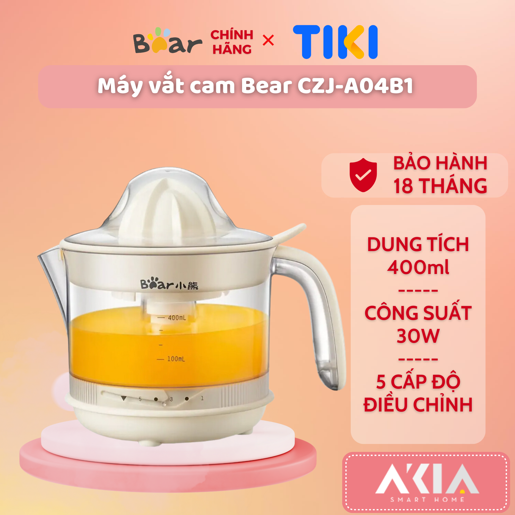 Máy vắt cam tự động Bear CZJ-A04B1, dung tích 400ml, dễ dàng vệ sinh, công suất 30W - HÀNG CHÍNH HÃNG