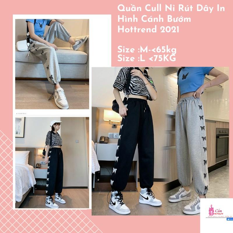 Quần Jogger Nỉ Rút Dây In Hình Cánh Bướm Hottrend 2021 2 Màu Cơ Bản, Quần Dài Thể Thao Dây Rút Trẻ Trung Thời Trang Nữ