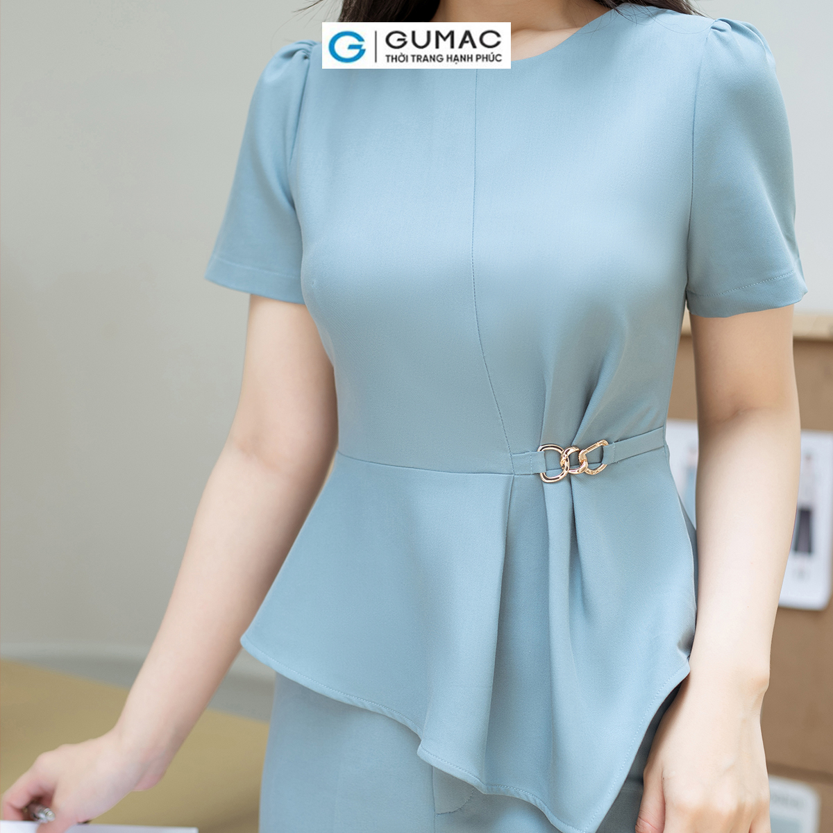 Áo kiểu dáng Peplum phối phụ kiện vải cotton lạnh GUMAC AD08036