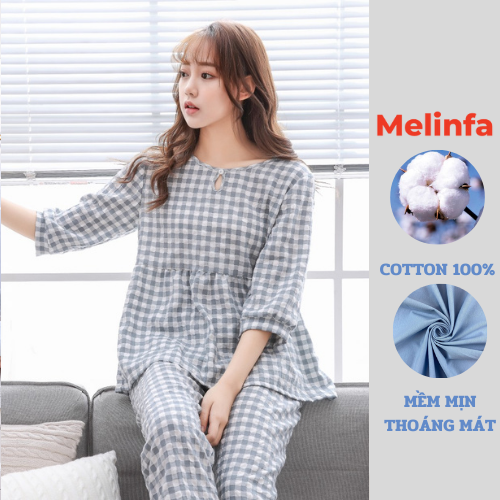 Bộ đồ ngủ nữ, bộ Pyjamas mặc nhà nữ cổ tròn tay lửng, quần dài chất cotton lụa tự nhiên phong cách trẻ trung mã VABD0197