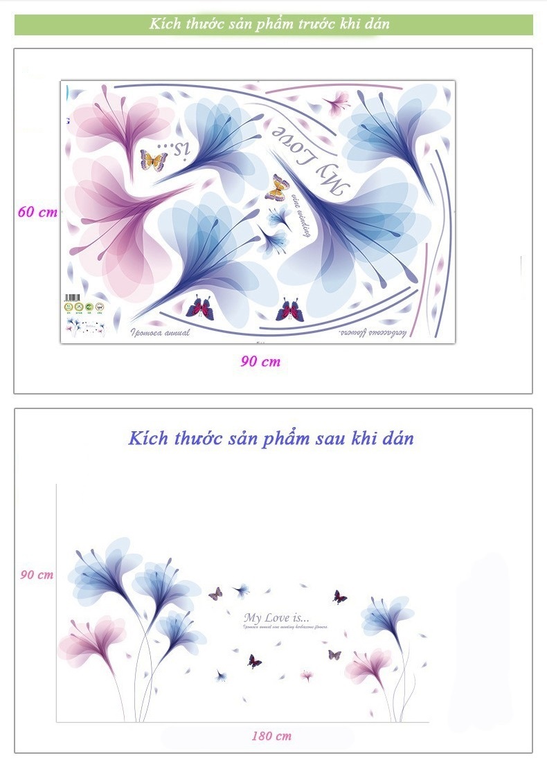 Decal dán tường hoa tím lá xanh lãng mạn sang trọng