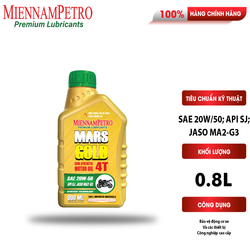 Dầu Nhớt MiennamPetro Mars Gold Motor Oil 4T 20W-50 API SJ JASO MA2 800ml Bảo Vệ Động Cơ Xe Máy 4 Thì Cao Cấp