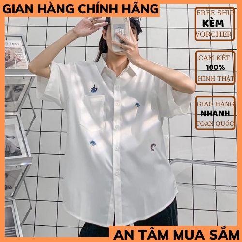 Áo sơ mi cộc tay thêu hình ngộ nghĩnh nữ áo sơ mi nữ UNISEX ,chất thô mềm chuẩn form phong cách hàn quốc THỜITRANG1989