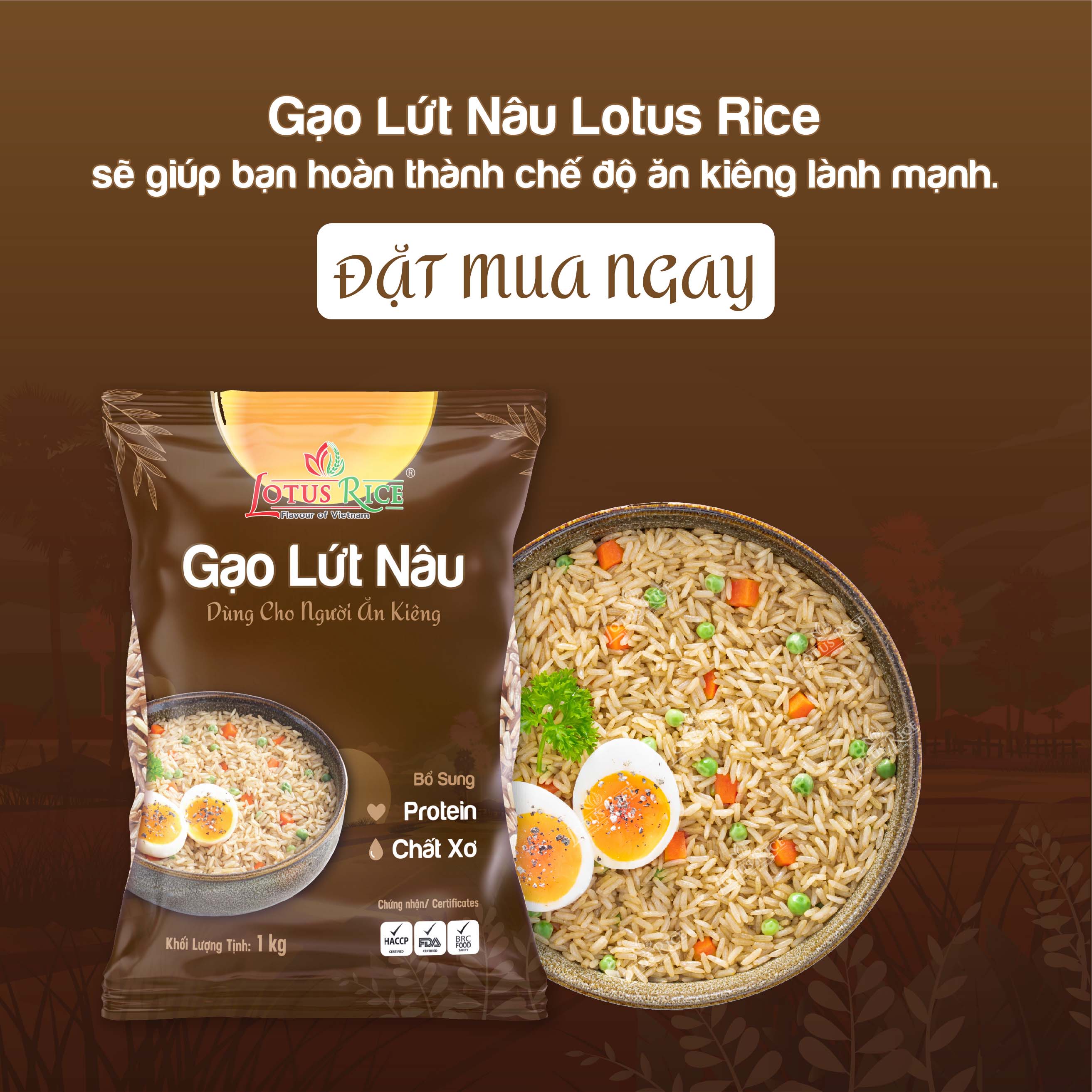 Gạo Lứt Nâu Lotus Rice 1kg - Tốt cho người ăn kiêng - Dễ ăn dễ nấu