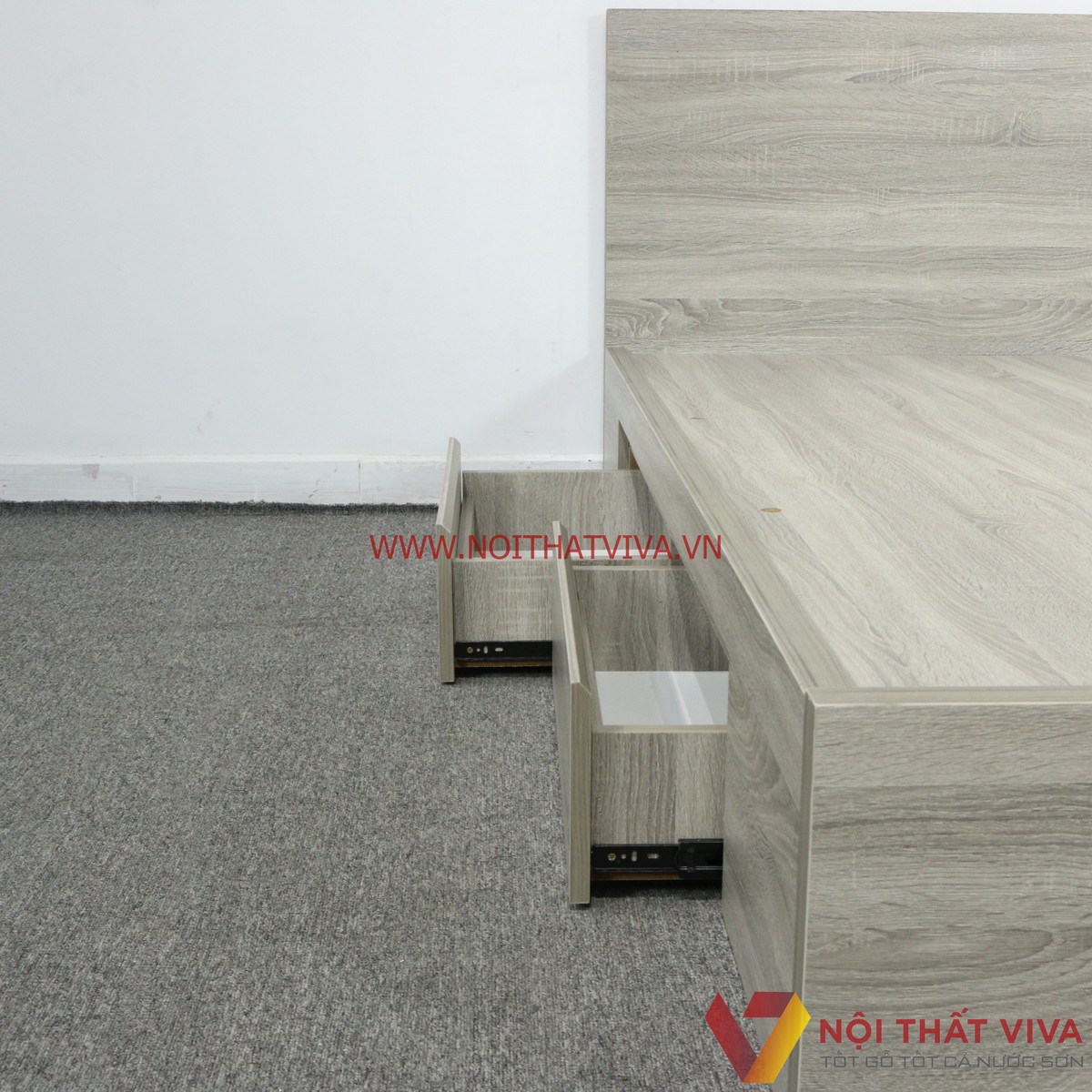 Giường Ngủ Gỗ MDF Melamine Màu Xám Vân Gỗ Có Hộc Kéo Đẹp Hiện Đại