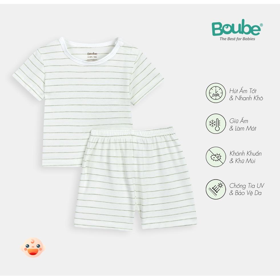 Bộ cộc tay cúc bấm vai kẻ ngang màu xanh Boube - Chất liệu Petit mềm mại thoáng mát - Fullsize từ 0 đến 24 tháng