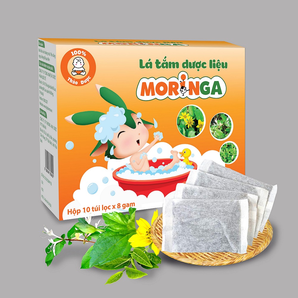 Lá tắm thảo dược MORINGA - Ngăn ngừa rôm sảy, mẩn ngứa, mụn nhọt cho trẻ sơ sinh và trẻ nhỏ - Hộp 10 gói