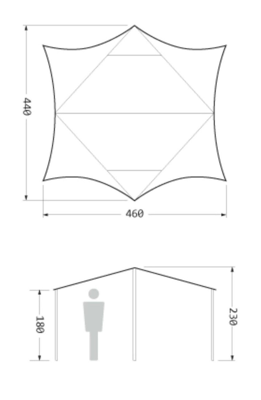 Hexa Tarp 460 × 440 × cao 230cm+ 2 bộ trụ chống