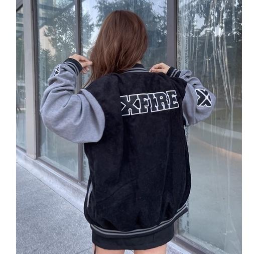 Áo Khoác Bóng Chày Bomber Varsity Nhung Tăm Cao Cấp Nam Nữ Thêu 2 Lớp Màu Đen Tay Xám By Xfire VAR-VER2NT-B/GR322