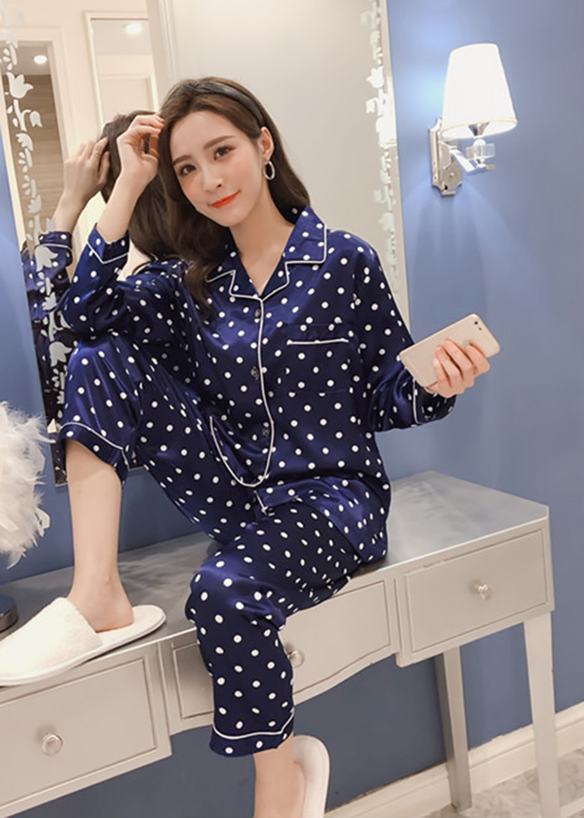 Bộ Đồ Mặc Nhà Pijama Phi Lụa Họa Tiết Chấm Bi xanh CDANP15