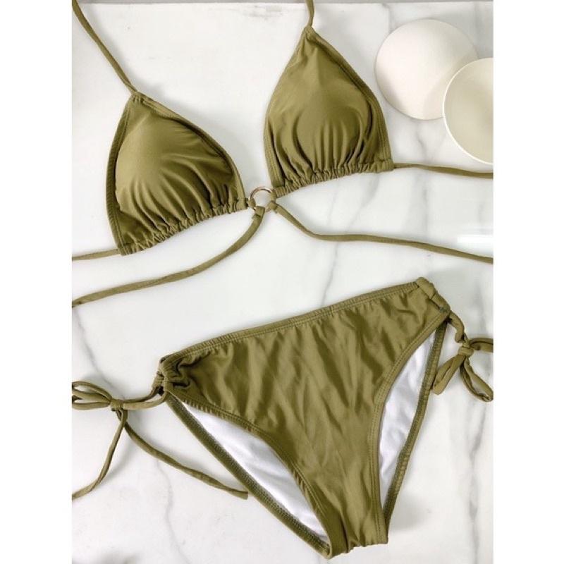 Bikini 2 mảnh tam giác khoen tròn dáng basic màu xanh rêu