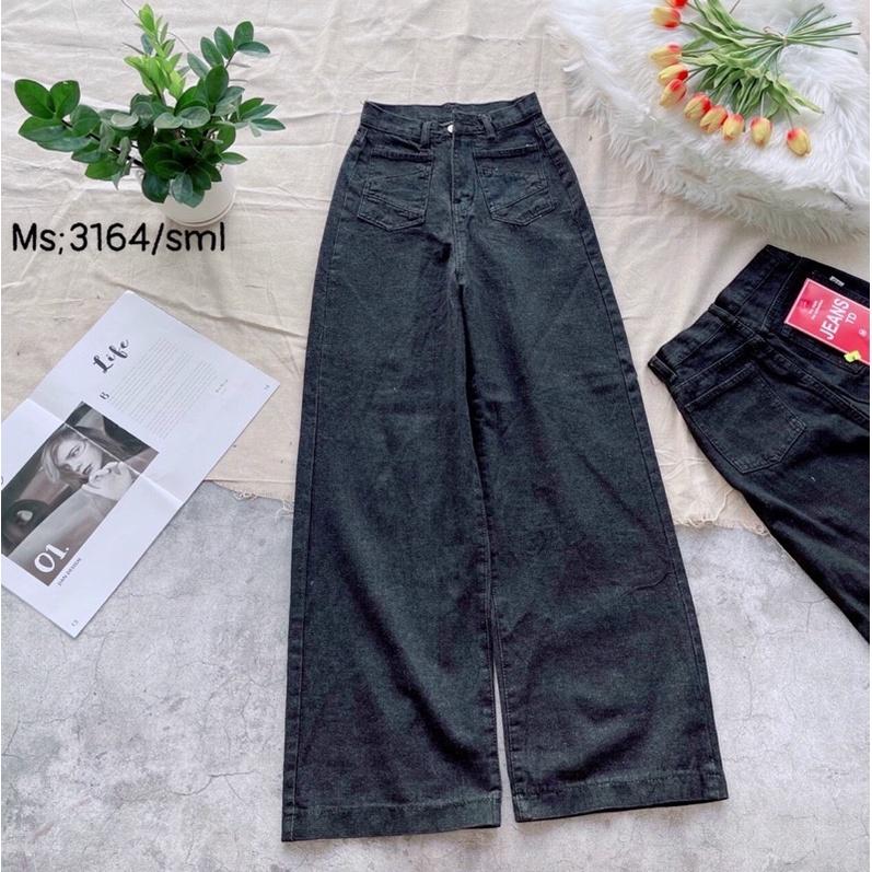 Quần Jeans Dài Ống Rộng Đen Lưng Cao Phối 2 Túi Q054