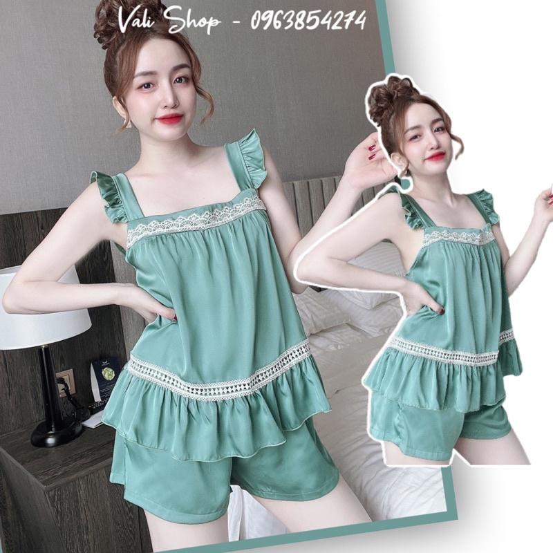 Đồ ngủ lụa latin cao cấp 2 dây cột nơ màu trơn quần phối ren freesize 40-57kg