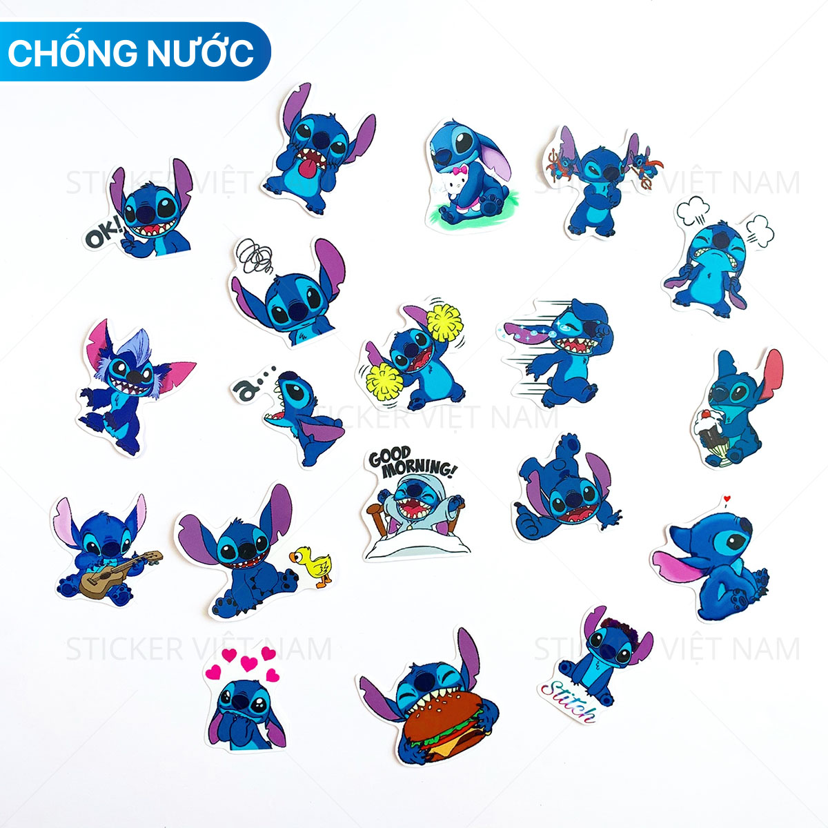 Sticker Stitch và Lilo Màu Xanh Dễ Thương - Chất Liệu PVC Chất Lượng Cao Chống Nước - Kích Thước 4-8cm