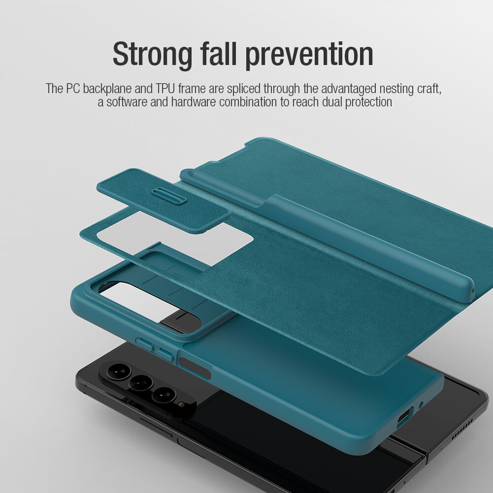 Case bao da chống sốc cho Samsung Galaxy Z Fold 4 trang bị nắp bảo vệ Camera và ngăn đựng S-Pen hiệu Nillkin Qin Pro - Hàng nhập khẩu
