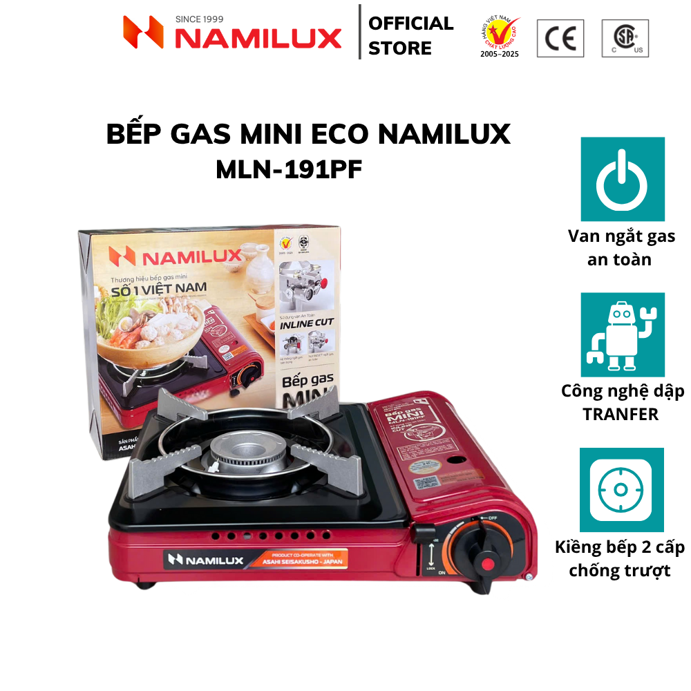 Bếp Gas Mini/ Du Lịch NaMilux MLN-191PF - Màu Đỏ│Van Ngắt Gas An Toàn Inline-Cut│Công Suất 2.6 Kw - Hàng Chính Hãng
