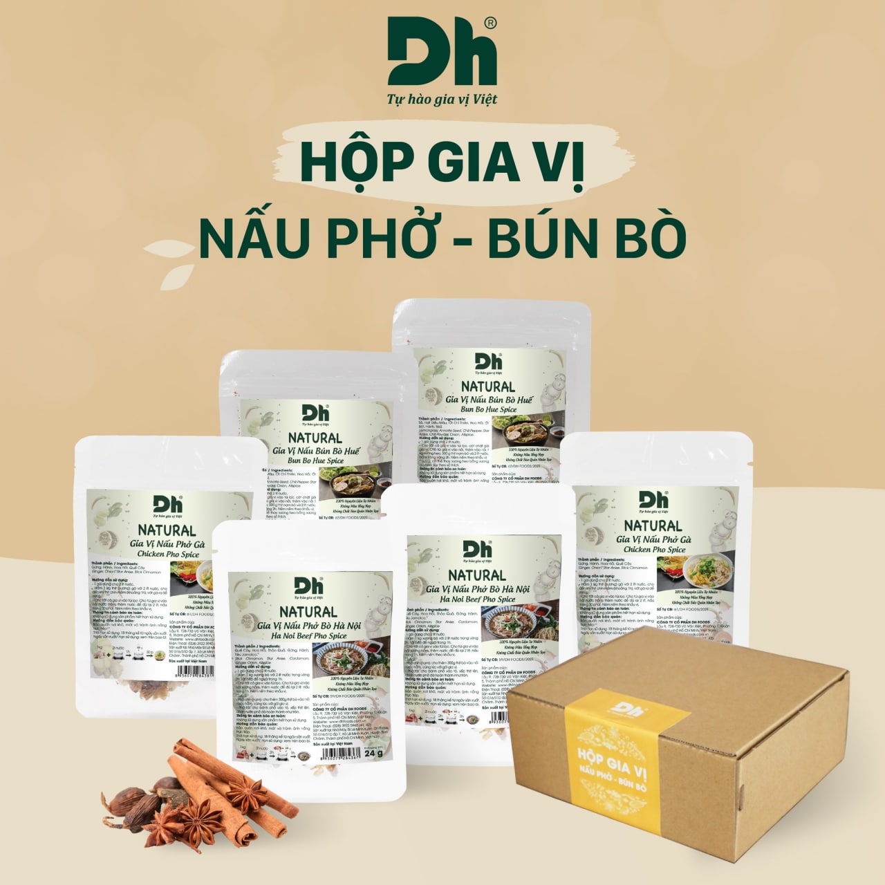 Hộp Gia Vị Nấu Phở - Bún Bò Dh Foods - Set 6 sản phẩm gia vị nấu phở và bún bò - gia vị Phở Bò Hà Nội, Phở Gà và Bún Bò Huế