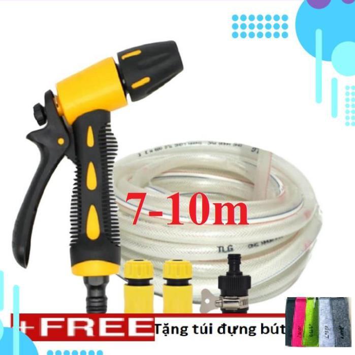 Bộ dây vòi xịt nước rửa xe,tưới cây ,tăng áp 3 lần,loại 7m,10m 206319 cút sập,nối nhựa đen+ túi đựng bút