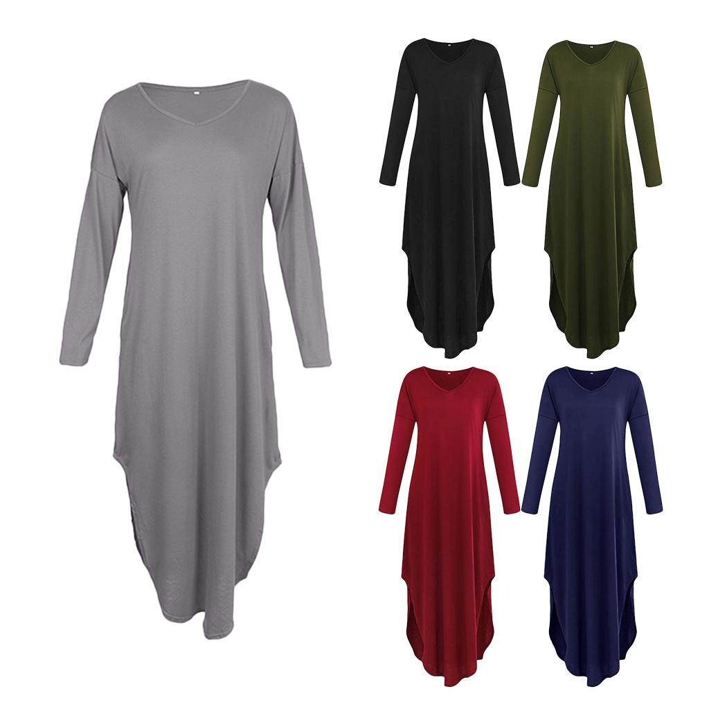 Women's V Neck Long Sleeve Side Pocket Split Beach Loose Long Maxi Dress
