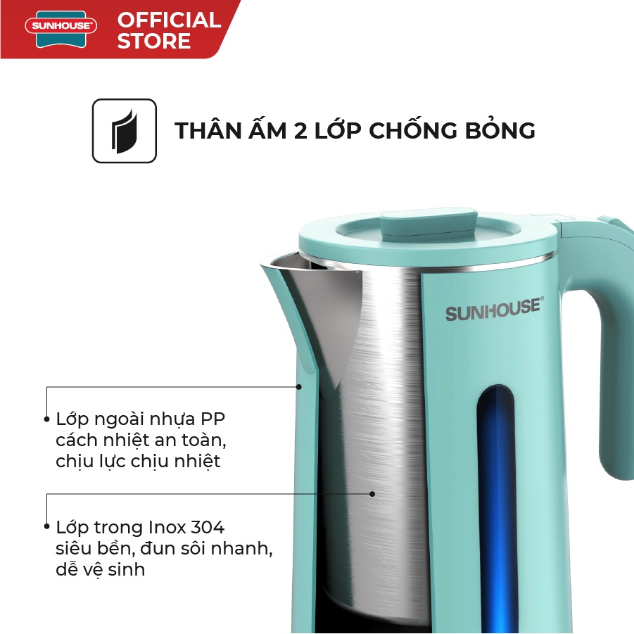 Ấm siêu tốc Inox 2 lớp 1.8L SUNHOUSE SHD1351 - Hàng chính hãng