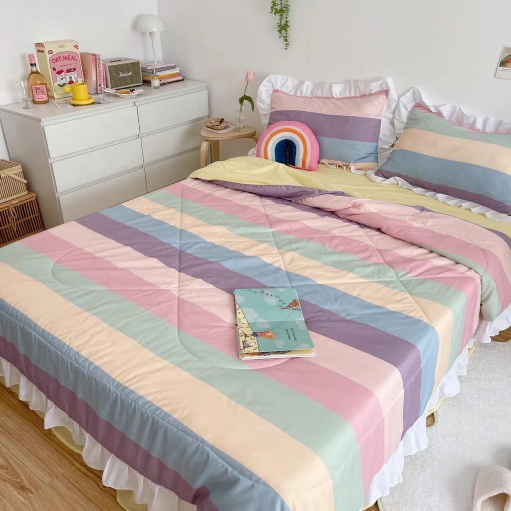 Bộ chăn ga Cotton Đũi phối bèo hàng nhập khẩu siêu mềm mát - họa tiết cầu vồng