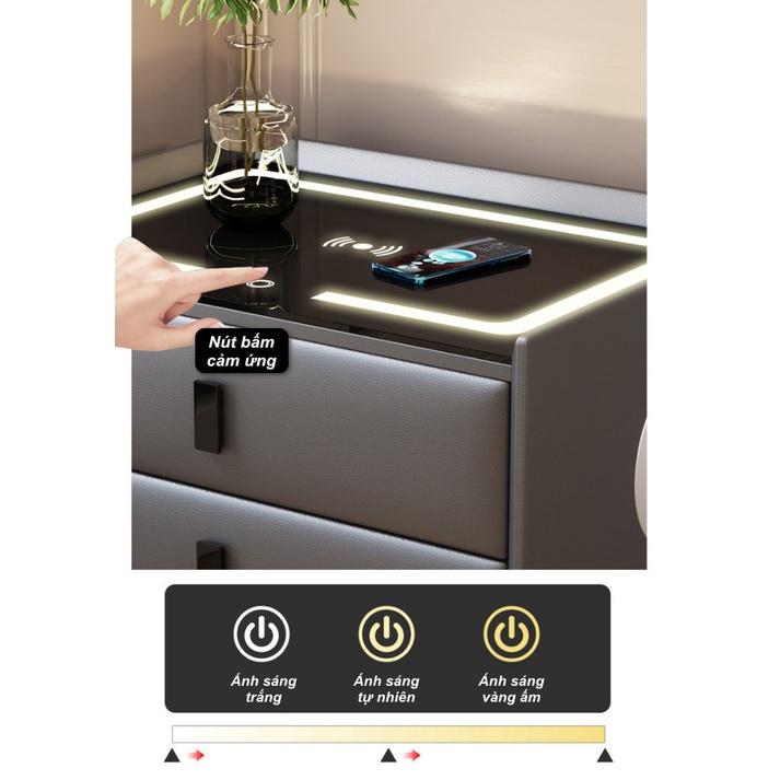 Tủ Để Đầu Giường Ngủ Thông Minh SmartHome Leather Tích Hợp Khóa Tủ Vân Tay, Sạc Không Dây, Đèn Ngủ Cảm Ứng