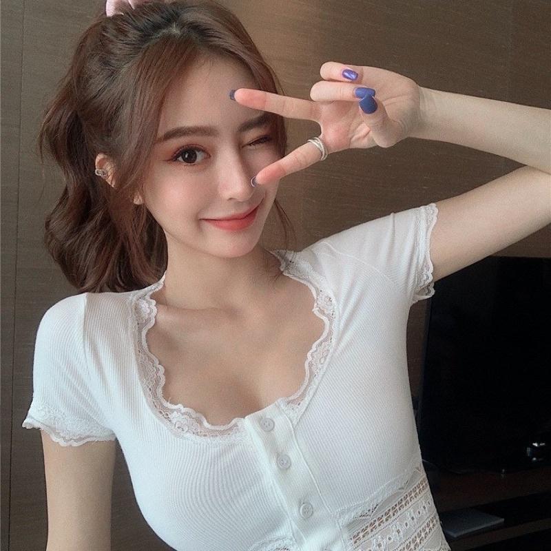 Áo Croptop Ren Tay Ngắn Cho Nữ